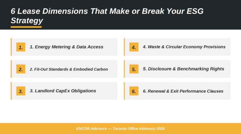 Sustainable office lease Toronto: 6 ESG lease dimensions infographic, ENCOR Advisors 2026